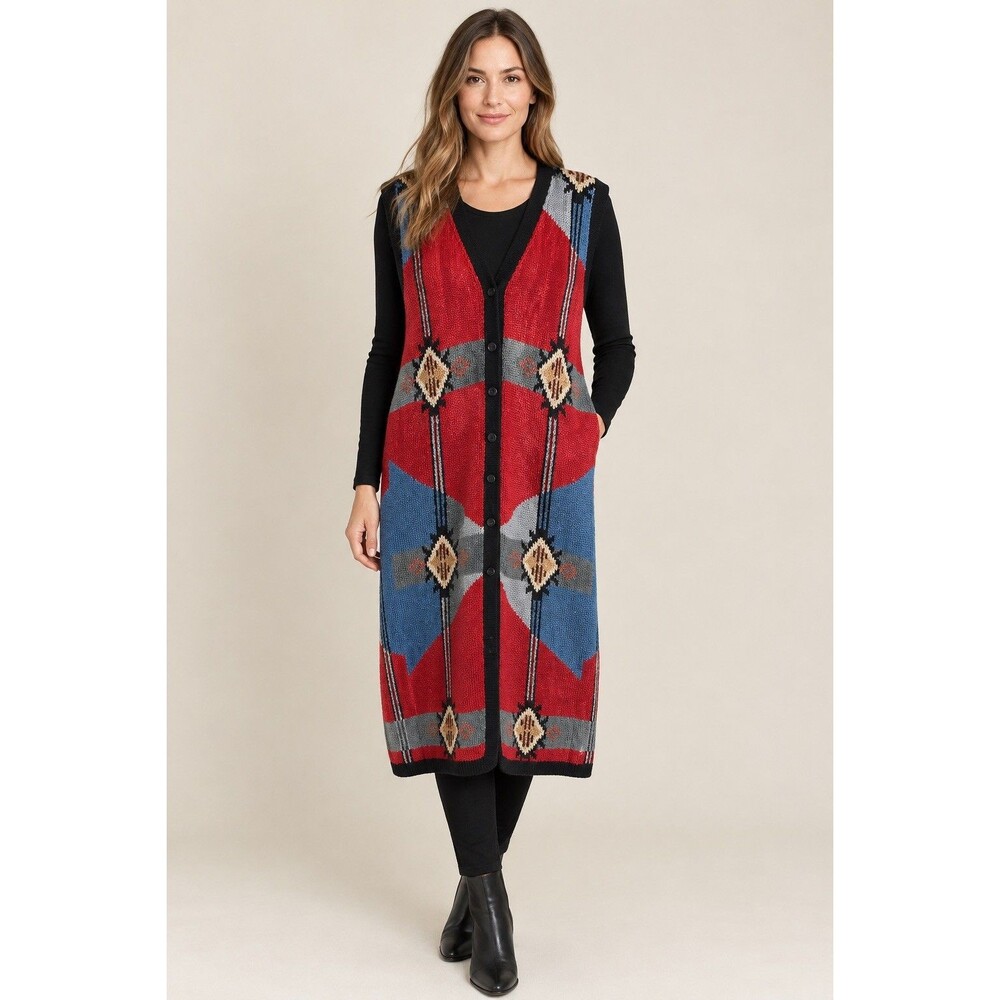 Peruvian Connection Southwestern Aztec Longline Duster Vest Cardigan Alpaca Sz L